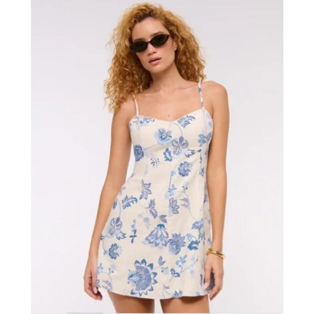 Abercrombie & Fitch Lace Trim Floral Mini Dress Linen Cream‎ Sweetheart NWT XL